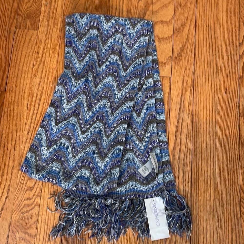 Catherines Blue Chevron Zigzag Knit Fringe Scarf NWT